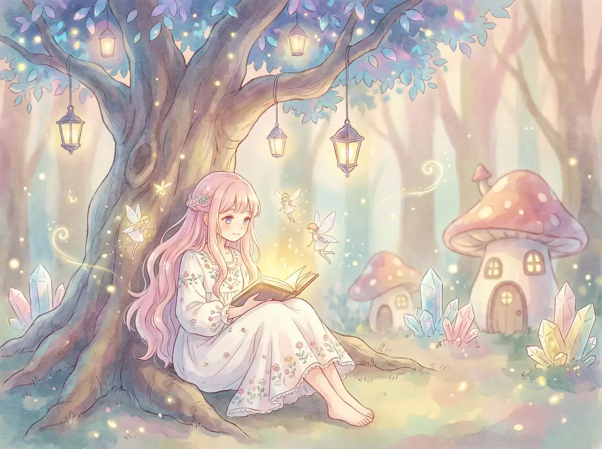 奇葩大会2 - 魔法森林中阅读故事书的粉发少女与精灵
